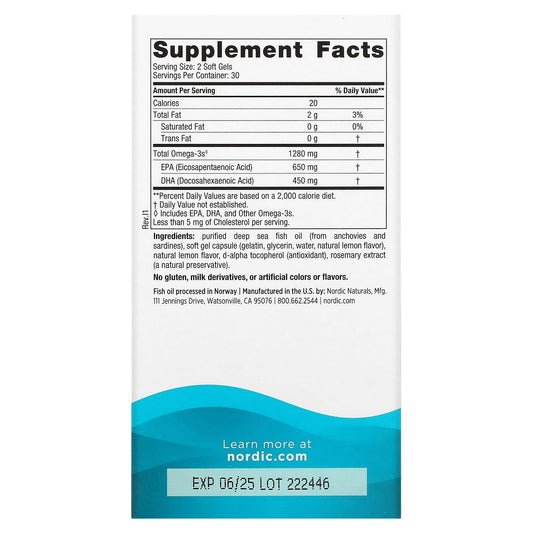 Nordic Naturals, Ultimate Omega, Lemon, 1,280 mg, 60 Soft Gels (640 mg per Soft Gel)