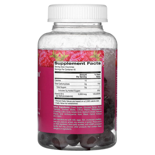 California Gold Nutrition, Vitamin B12 Gummies, Natural Raspberry Flavor, Gelatin Free, 3,000 mcg, 90 Gummies (1500 mcg per Gummy)